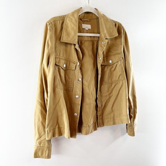 LOFT Snap Button Long Sleeve Boxy Fit Top Shirt Shacket Tan Small - Picture 7 of 8